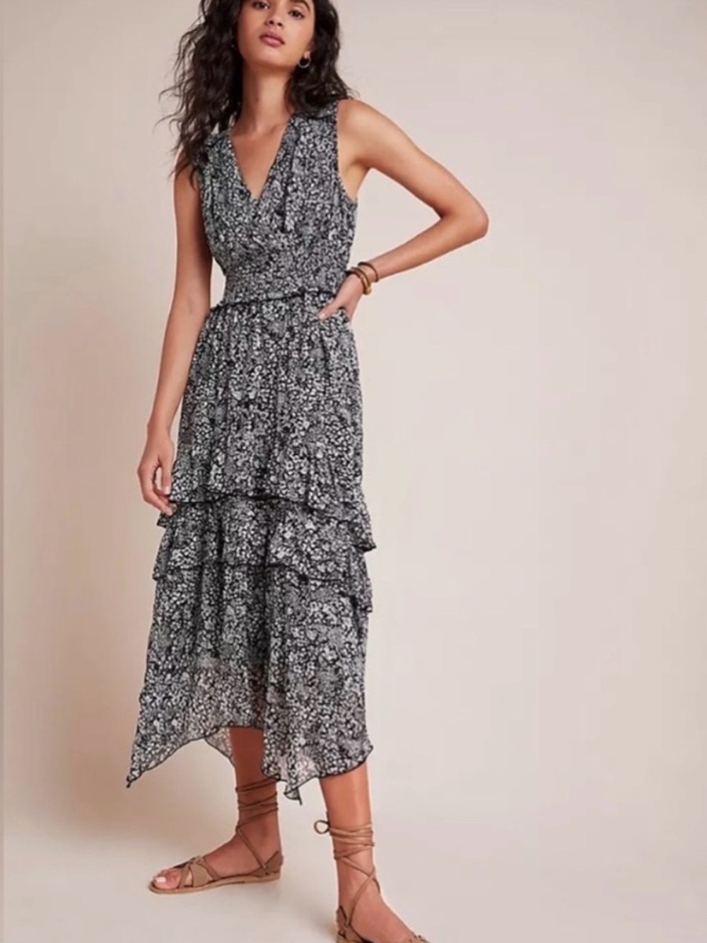 Anthropologie Marcella Tiered Midi Dress Medium Black White Floral Smocked